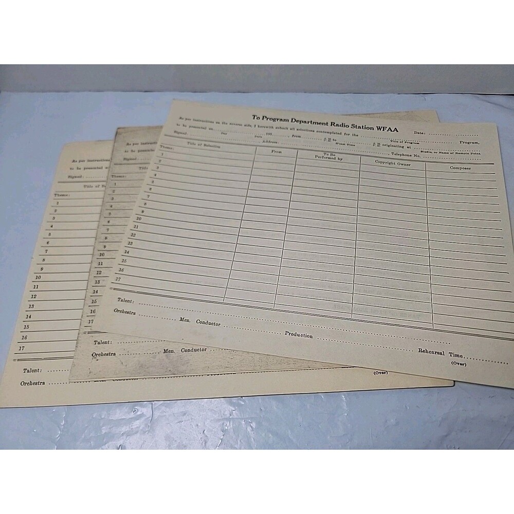 Vintage WFAA Radio Station Blank Program Forms Lot 8 Dallas TX 1940s Ephemera